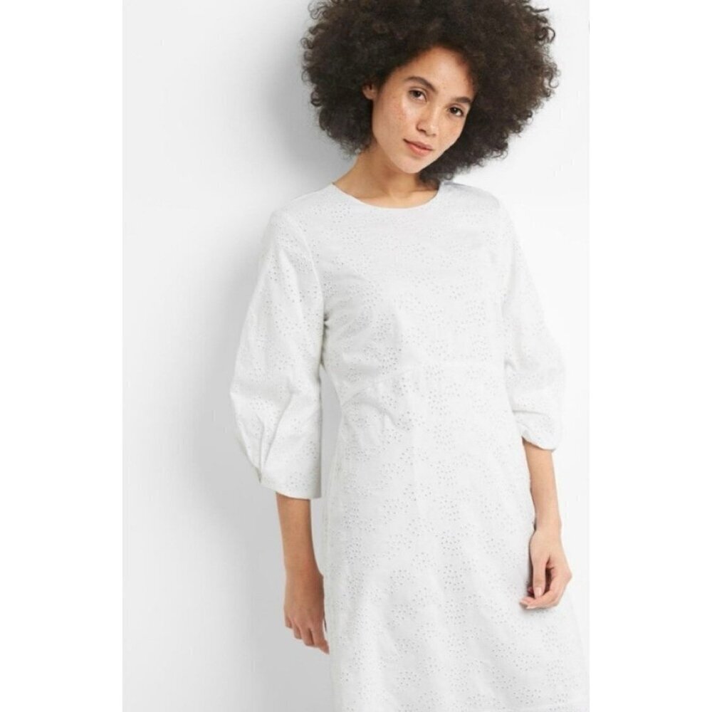 GAP WHITE A LINE BALLOON SLEEVE EYELET DRESS NWT SIZE 10 Hidden Back Zipper